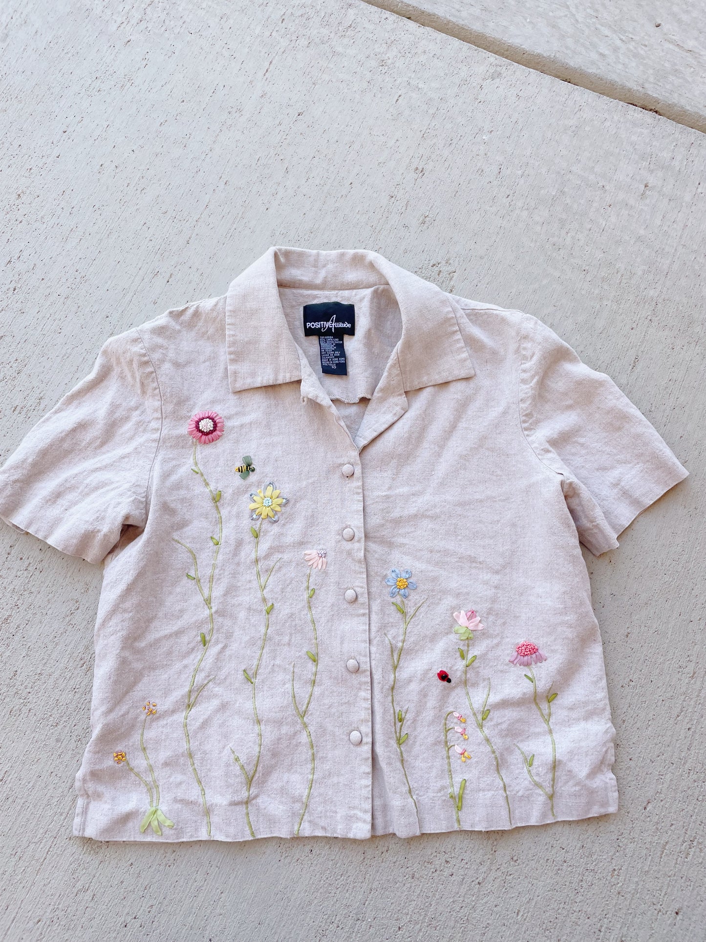 Vintage Embroidered Flowers Linen Top (M)