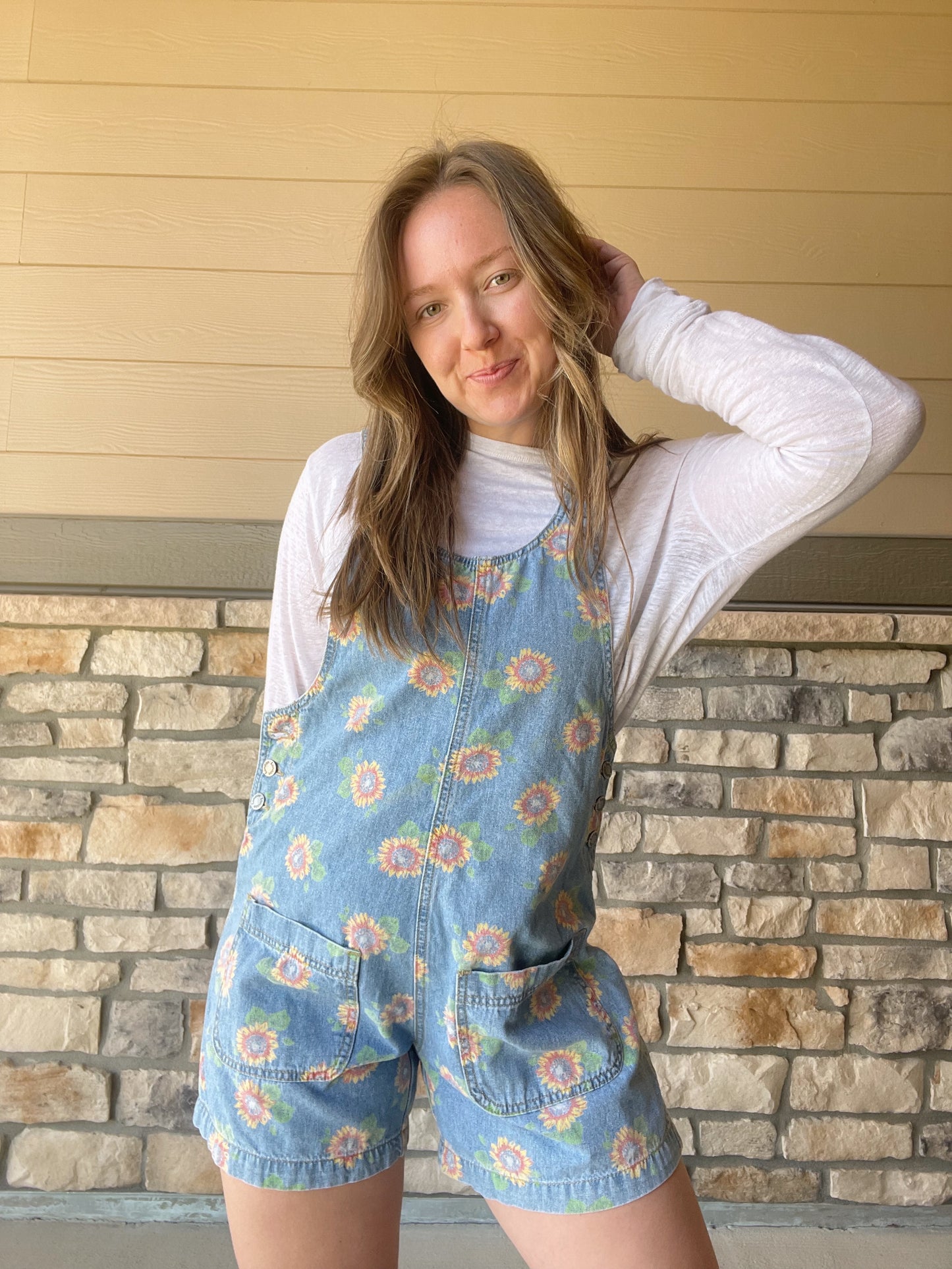 Vintage Sunflower Denim Shortalls (M)