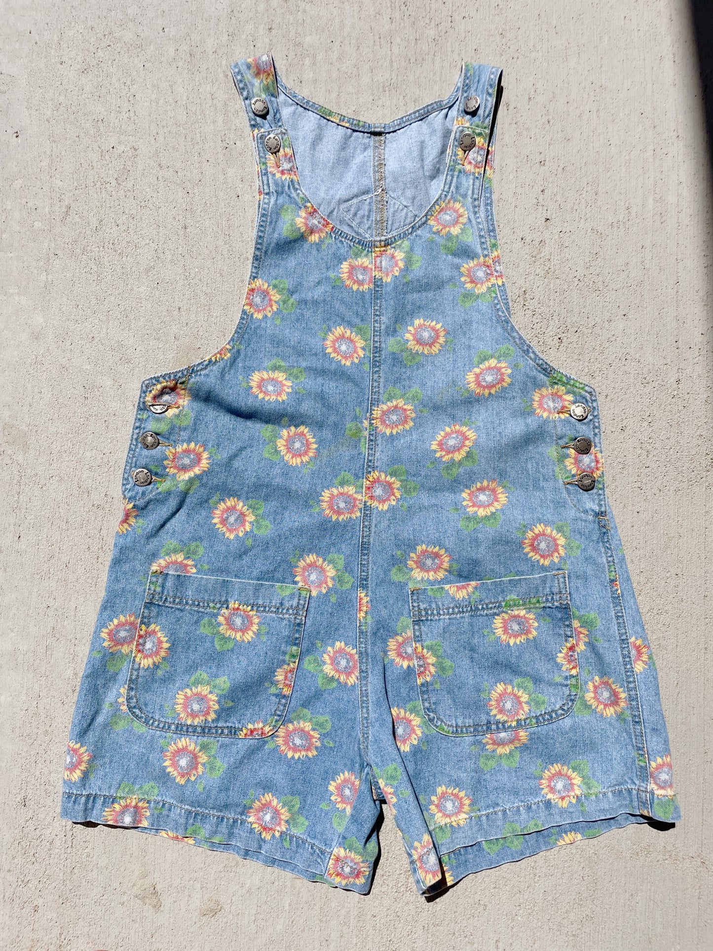 Vintage Sunflower Denim Shortalls (M)