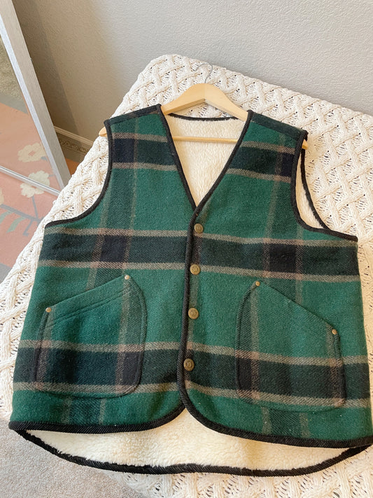 Vintage Sherpa Lined Wool Plaid Vest (L)