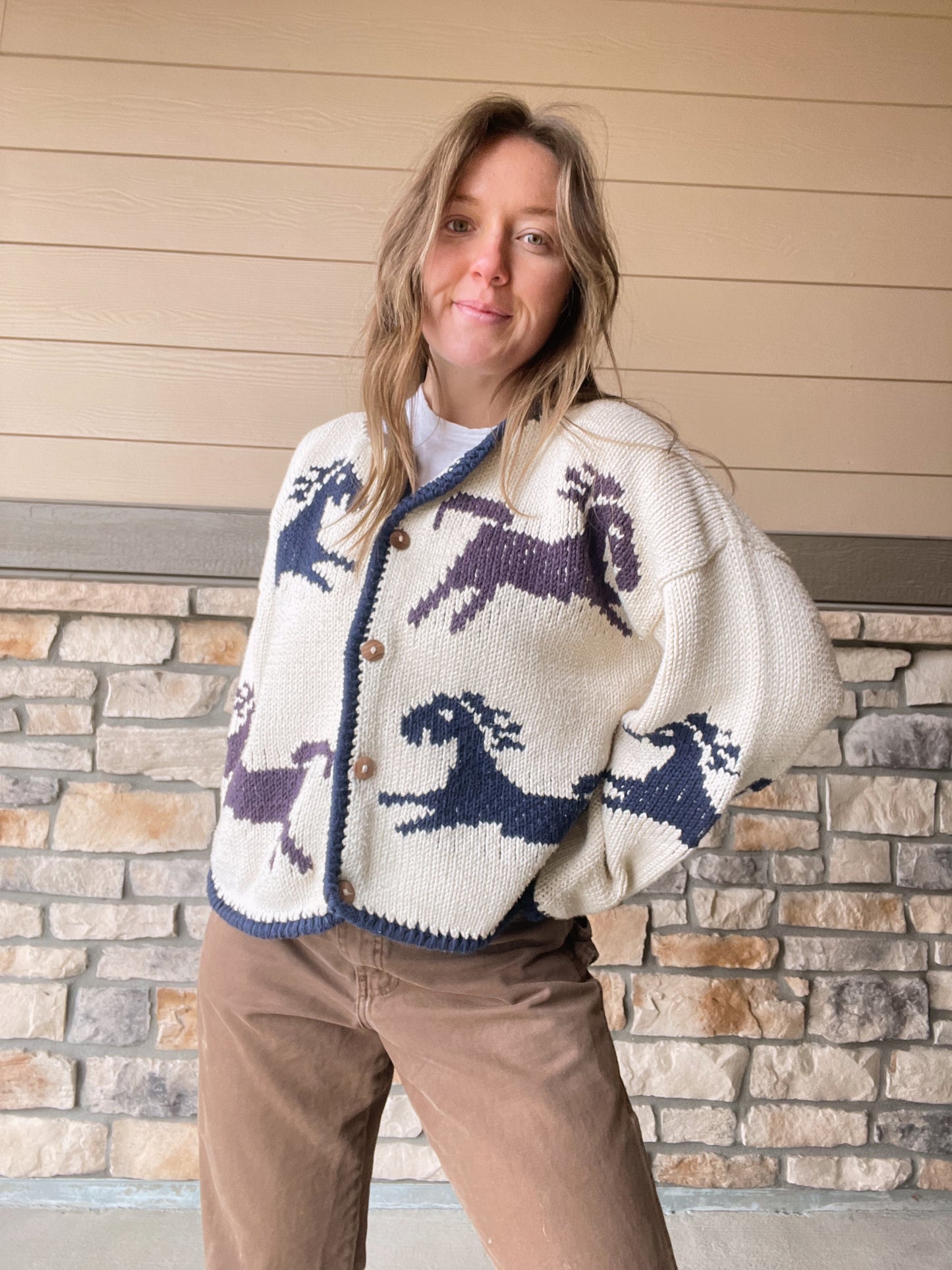 Vintage Handknit Horses Cardigan (L)