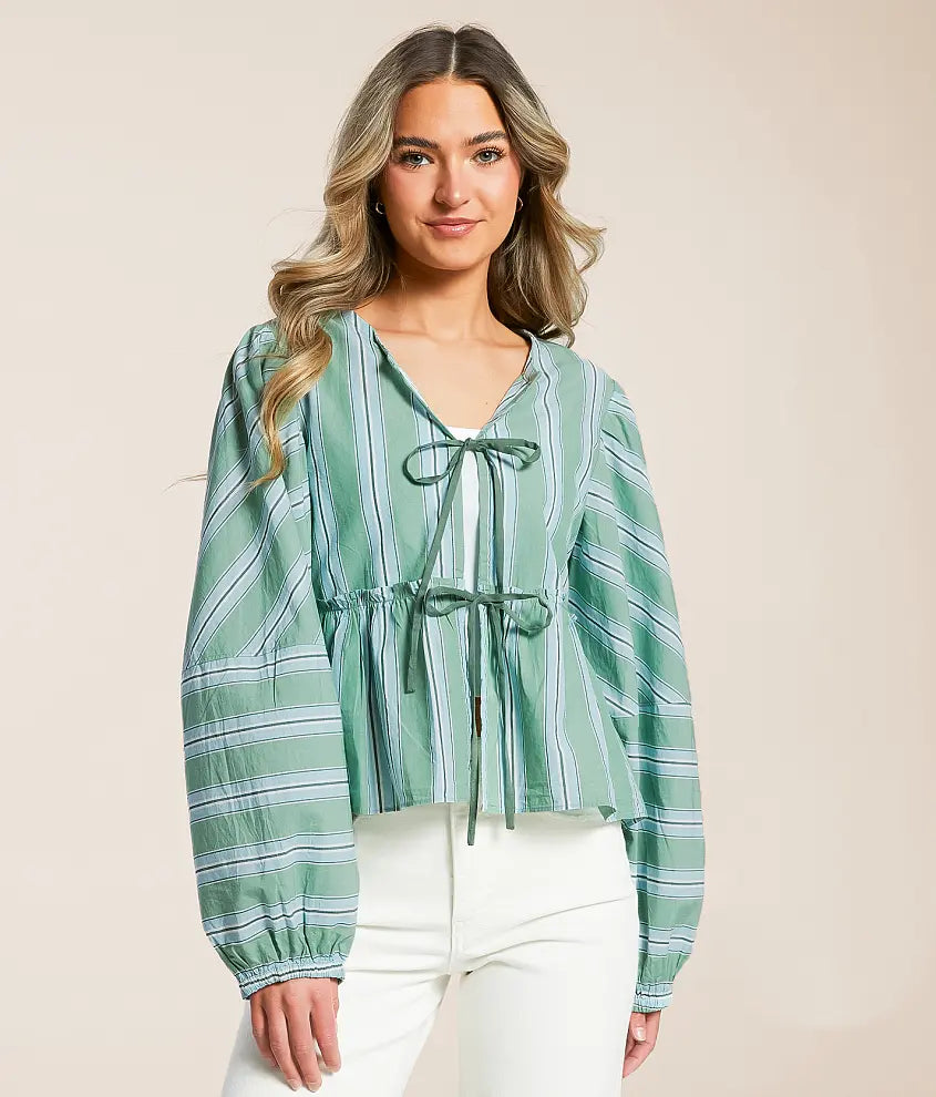 Free People Striped Brunch Babe Tie Blouse (M)