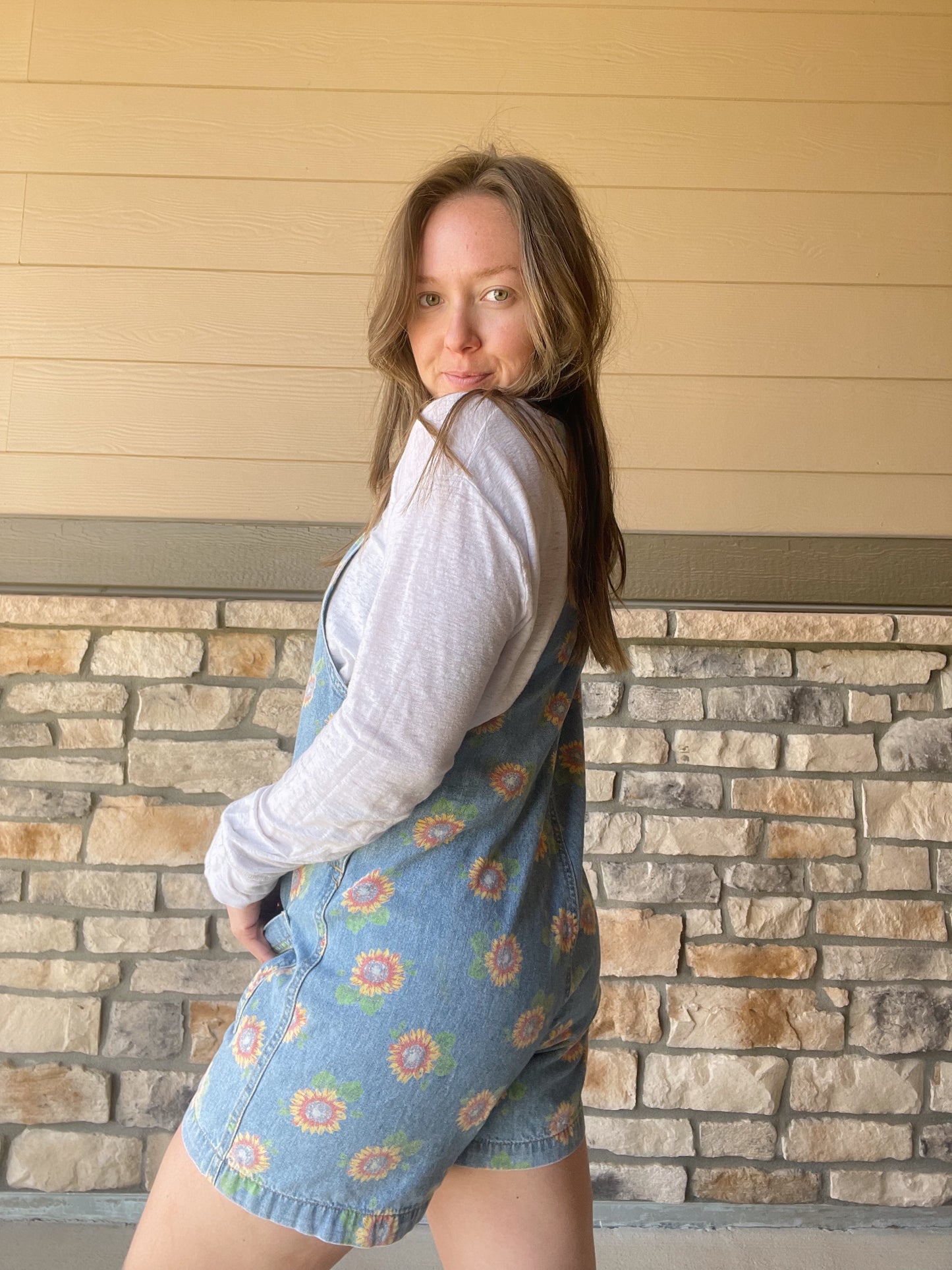Vintage Sunflower Denim Shortalls (M)