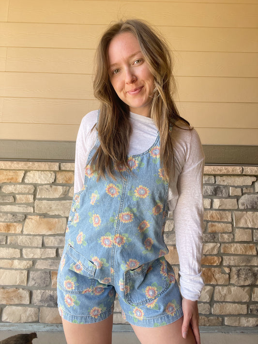 Vintage Sunflower Denim Shortalls (M)
