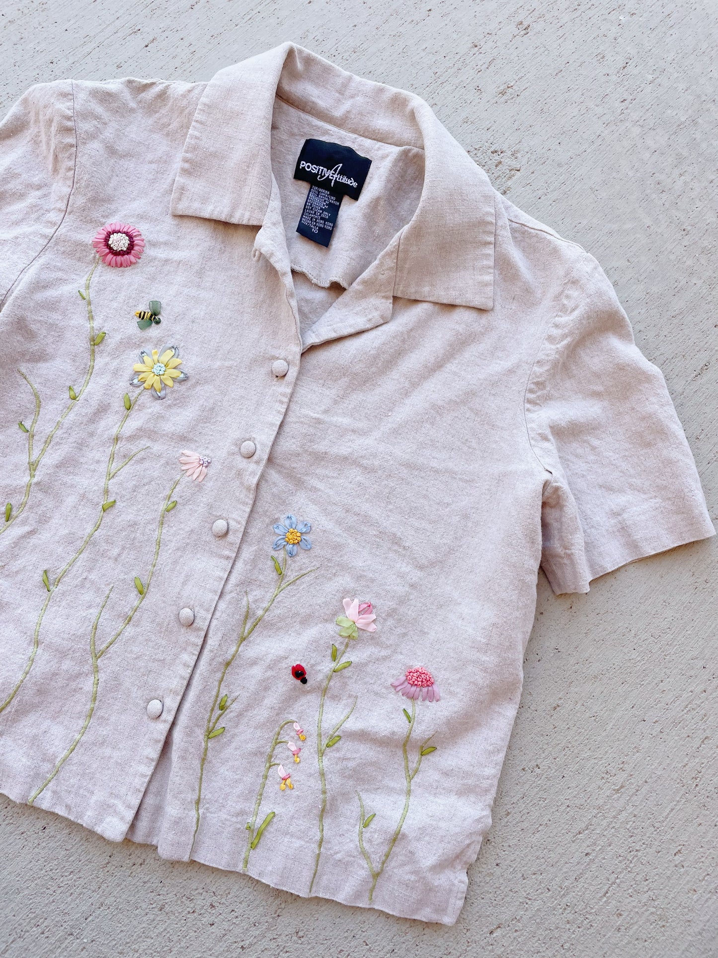 Vintage Embroidered Flowers Linen Top (M)