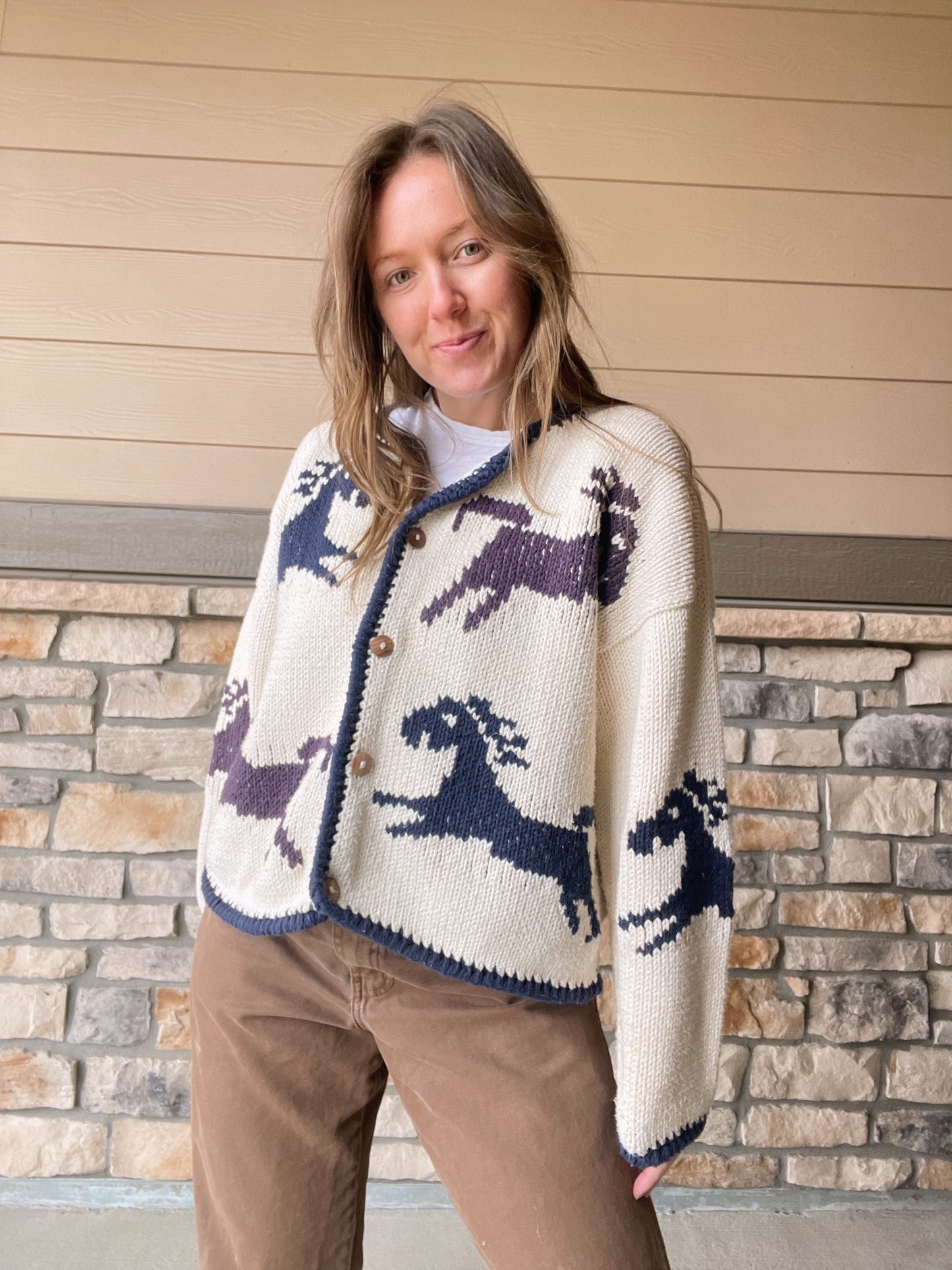 Vintage Handknit Horses Cardigan (L)