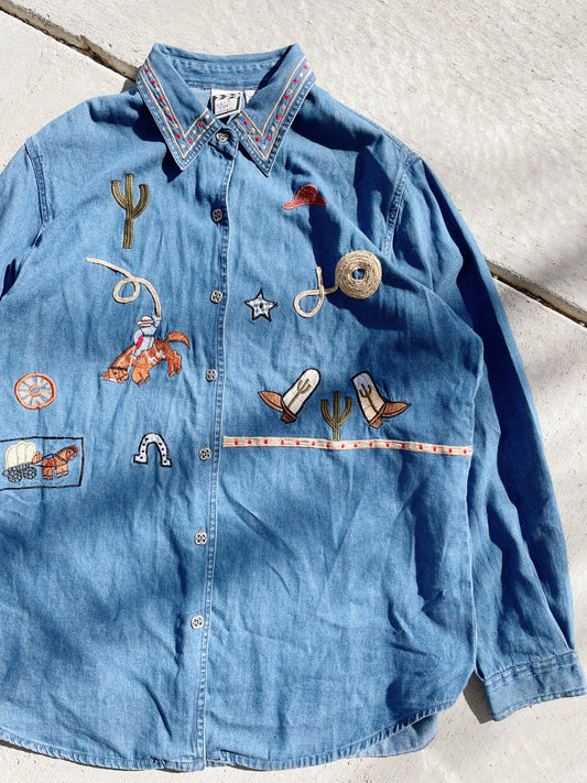 Vintage Cowboy Embroidered Denim Shirt (L/XL)