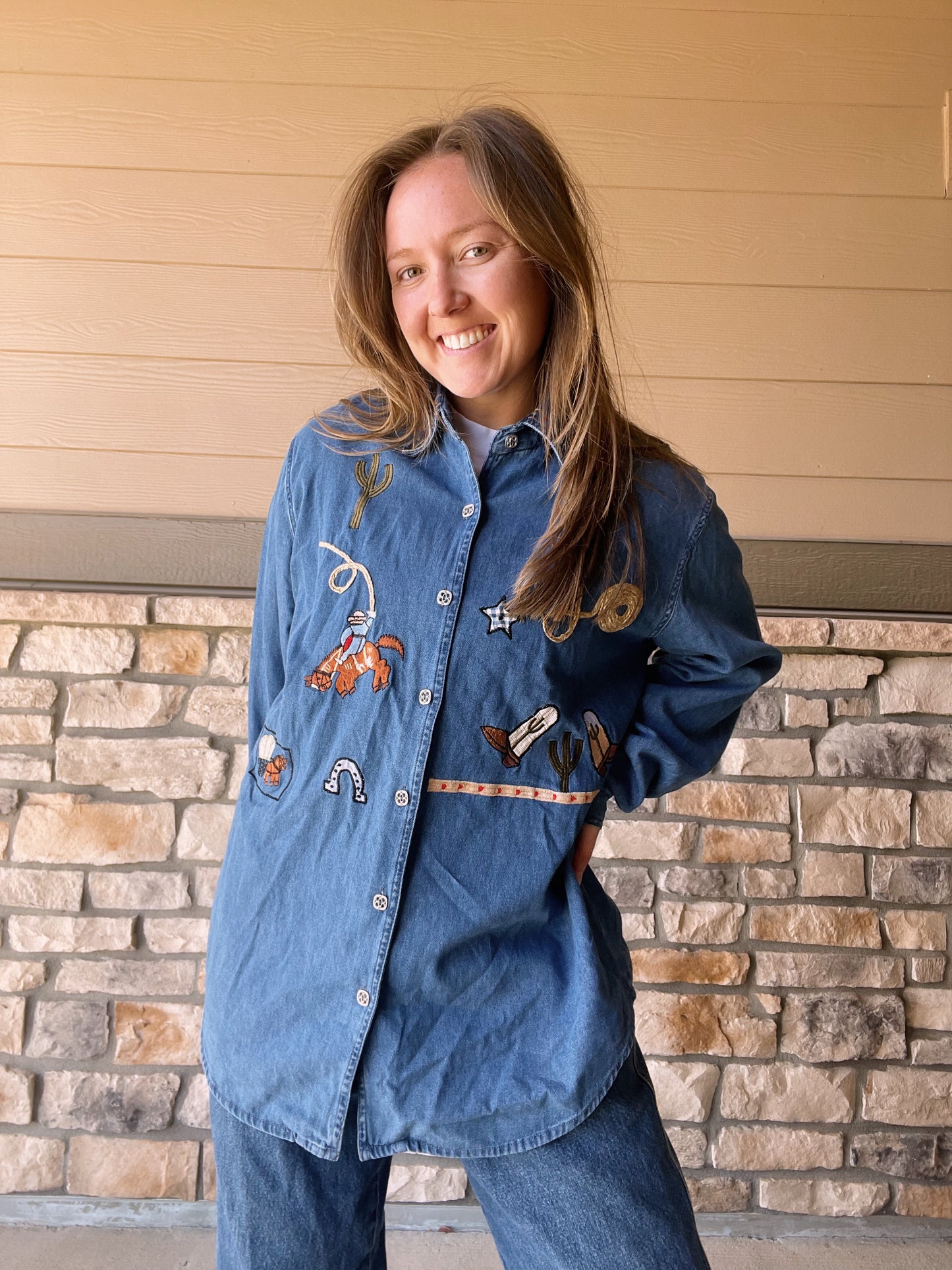 Vintage Cowboy Embroidered Denim Shirt (L/XL)