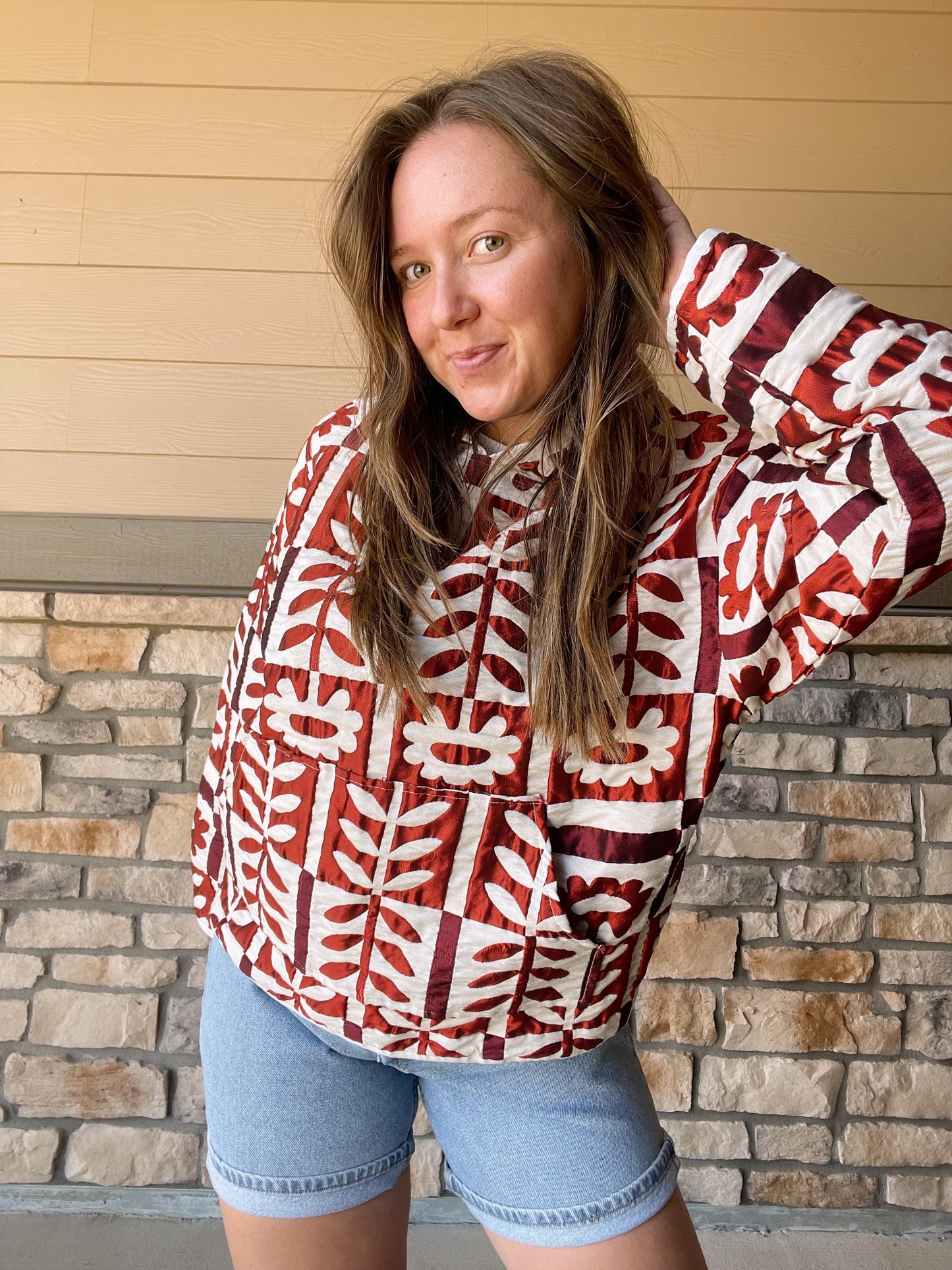 Flower Pattern Quilted Hoodie (M)