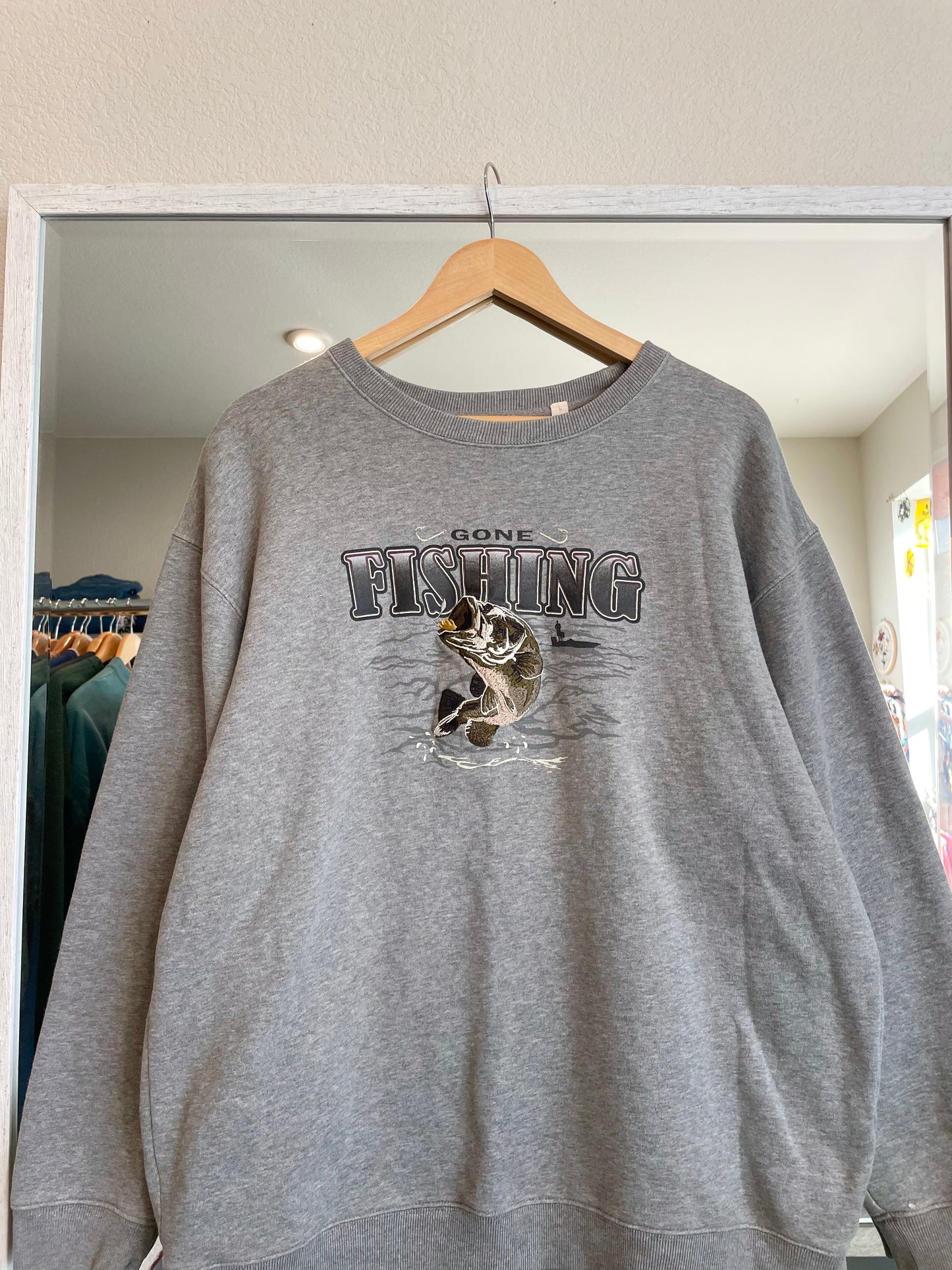 'Gone Fishing' Embroidered Crewneck (L/XL)
