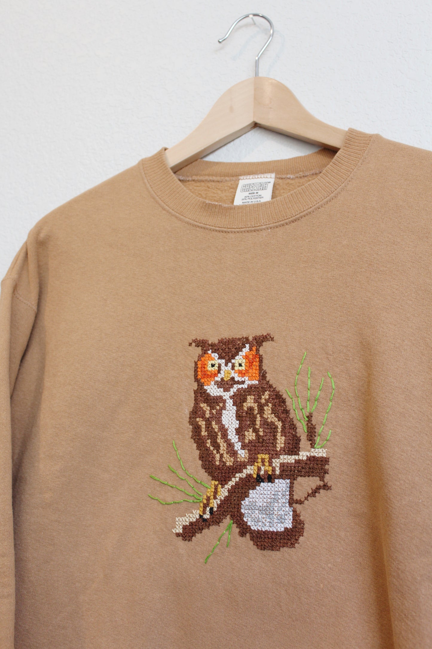 Owl Cross Stitched Embroidered Crewneck (M)