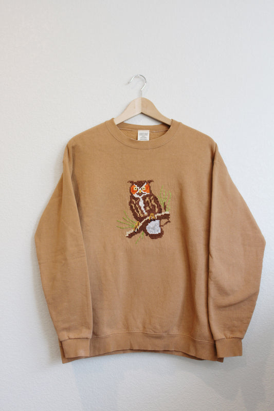 Owl Cross Stitched Embroidered Crewneck (M)